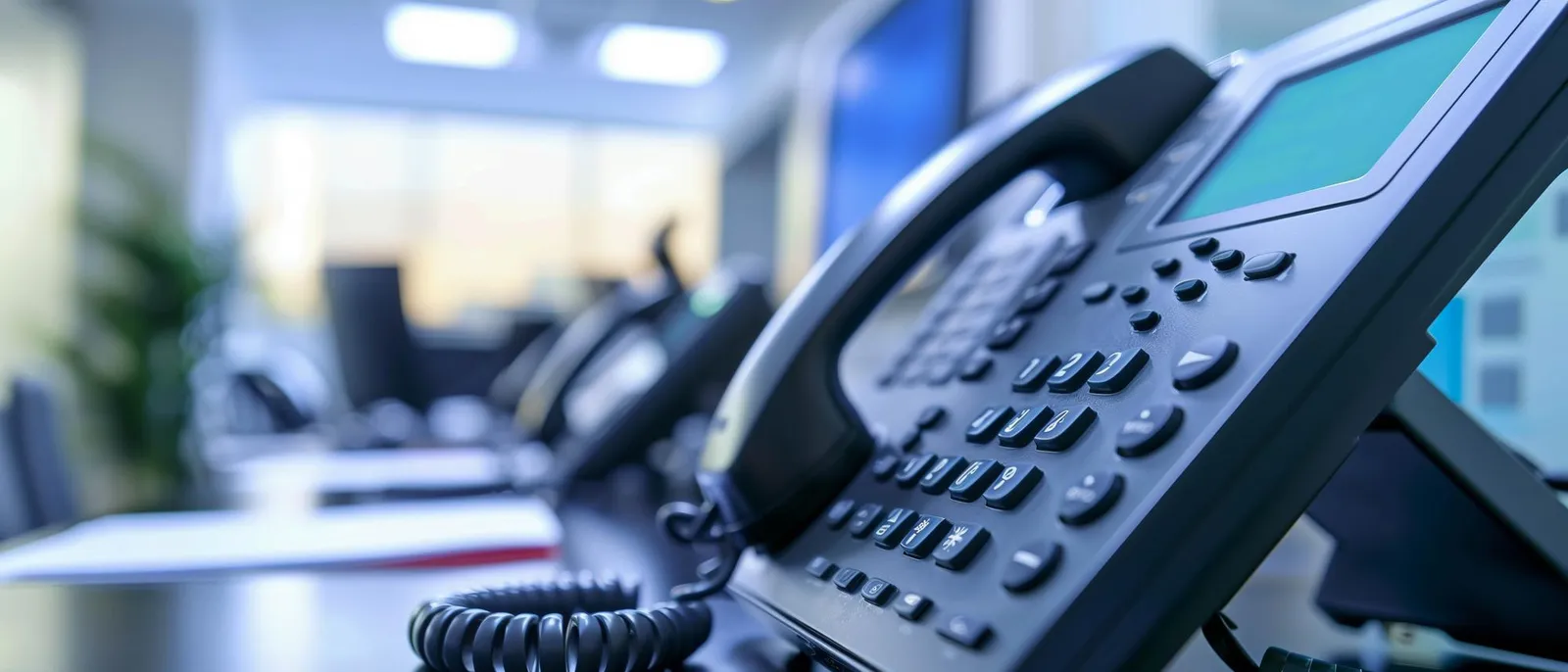 VoIP desk phones lined up on an office desk