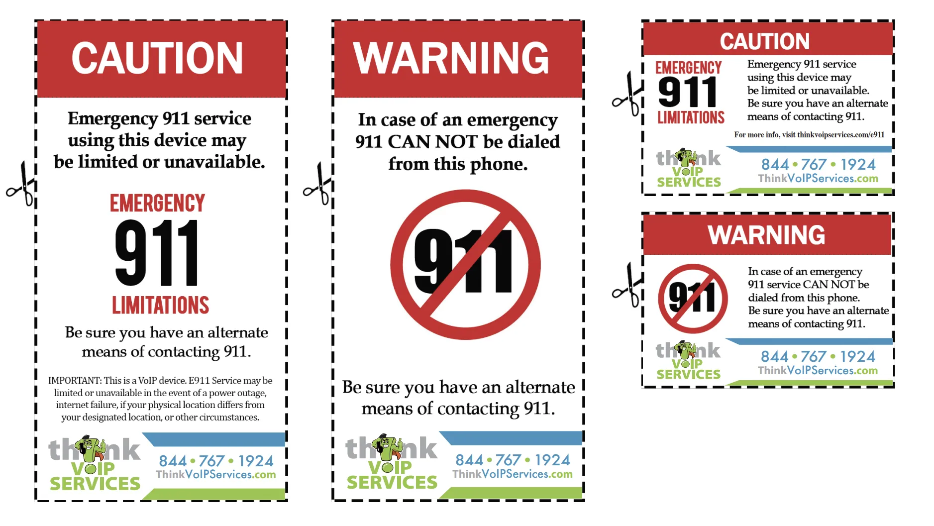 E911 warning labels showing caution and warning stickers about emergency 911 service limitations that must be placed on or near VoIP devices