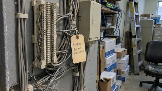 A gray plywood telephone backboard in a cluttered office storage closet. An old punch-down block and a beige carrier box are tangled in gray copper phone cable, and a manila tag tied to one cable is handwritten in pen: Alarm, do not disconnect. Boxes of copy paper, a ladder, a network switch, and a torn office chair fill the room behind it.