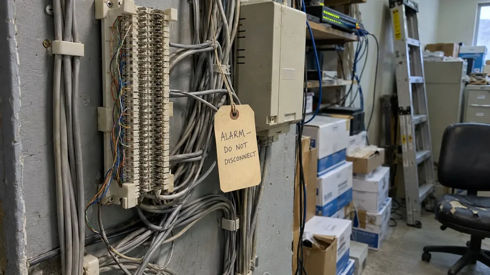 A gray plywood telephone backboard in a cluttered office storage closet. An old punch-down block and a beige carrier box are tangled in gray copper phone cable, and a manila tag tied to one cable is handwritten in pen: Alarm, do not disconnect. Boxes of copy paper, a ladder, a network switch, and a torn office chair fill the room behind it.