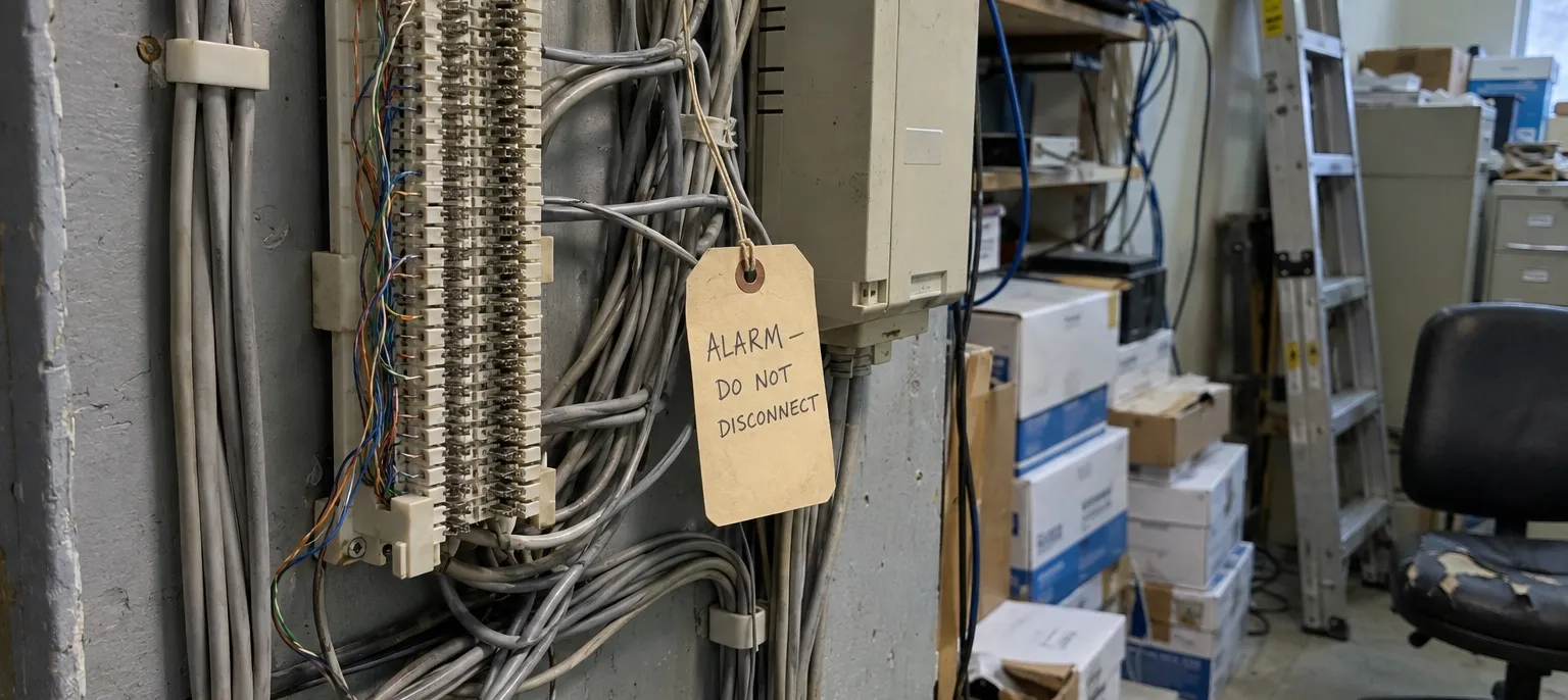 A gray plywood telephone backboard in a cluttered office storage closet. An old punch-down block and a beige carrier box are tangled in gray copper phone cable, and a manila tag tied to one cable is handwritten in pen: Alarm, do not disconnect. Boxes of copy paper, a ladder, a network switch, and a torn office chair fill the room behind it.