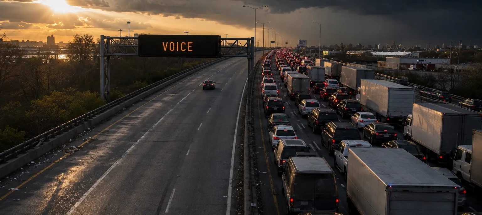 Elevated view of a highway at dusk under storm clouds: several lanes jammed with trucks and cars, brake lights glowing, while one car travels the empty lanes beneath an overhead matrix sign reading VOICE.