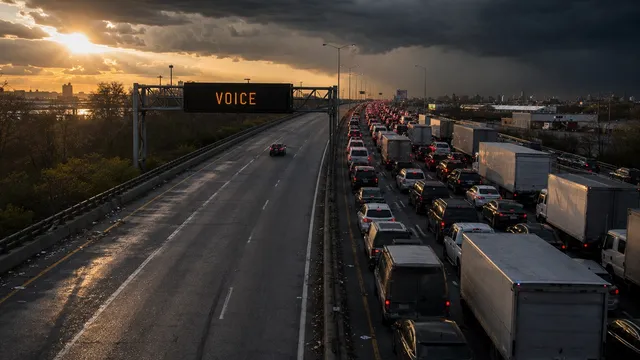 Elevated view of a highway at dusk under storm clouds: several lanes jammed with trucks and cars, brake lights glowing, while one car travels the empty lanes beneath an overhead matrix sign reading VOICE.