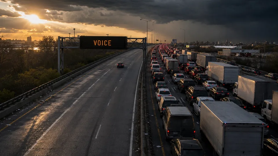 Elevated view of a highway at dusk under storm clouds: several lanes jammed with trucks and cars, brake lights glowing, while one car travels the empty lanes beneath an overhead matrix sign reading VOICE.