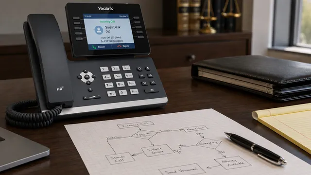 Yealink desk phone showing an incoming call on a law office desk beside a call-routing sketch, laptop, folder, and legal pad