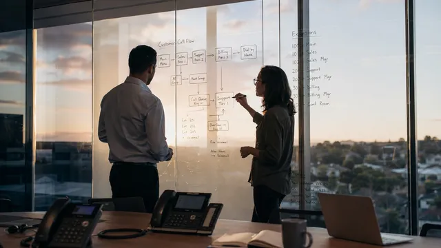 Two colleagues at a glass office wall mapping a customer call-flow diagram with extension assignments, business desk phones on the conference table in the foreground at dusk.